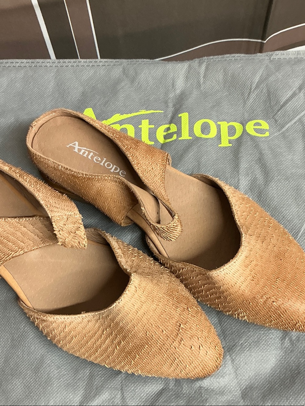 Antelope Tan Textured Slingback Pointed Mules